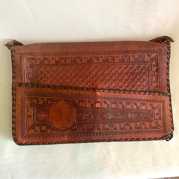 VINTAGE 1950s Hand Tooled Leather Satchel Purse Bag Mexico - Picture 11 of 16
